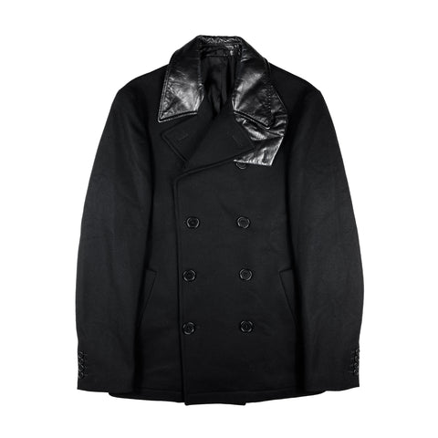 AW01 Leather Collar Double-Breasted Coat